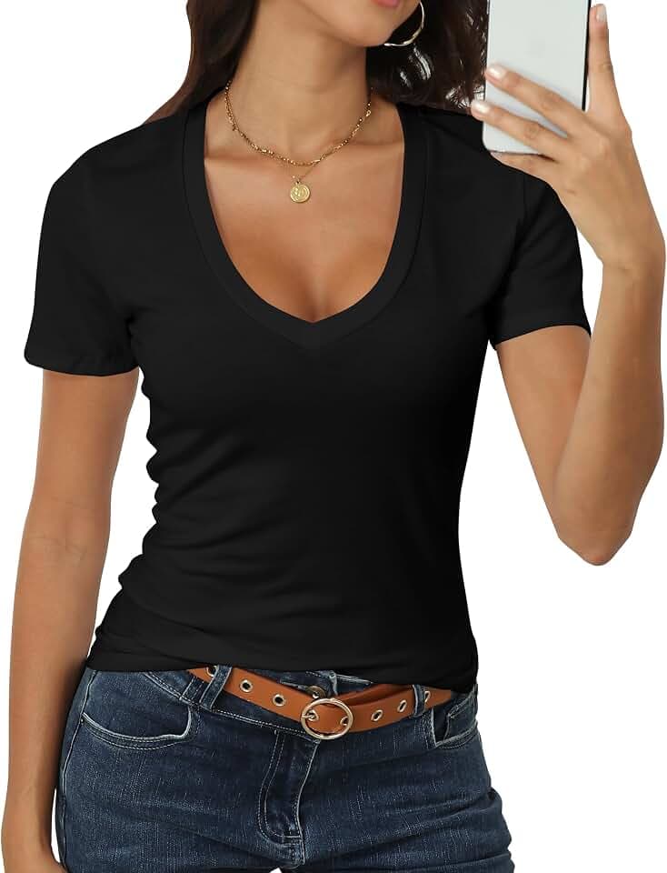 Roselux Women Short Sleeve Deep V Neck Tops Shirts Fitted Cotton Summer Tshirt Tee