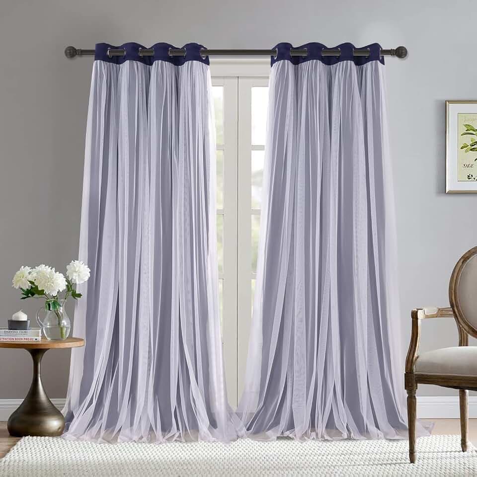 BONZER White Sheer Tulle Overlay Blackout Curtains Grommet Top Drapes