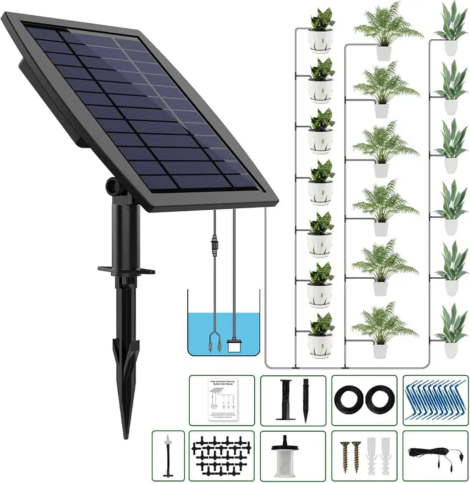 Solar Automatic Drip Irrigation Kit System, JIYANG Solar Powered Auto Easy DIY Watering Device Supported Pots Plants, 12 Timing Modes with Anti-Siphoning Device (Supported 20-30 Pots, 12Timing Modes)