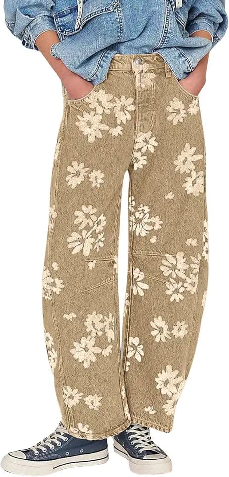 loveimgs Women Y2k Distressed Barrel Jeans Baggy Wide Leg Jeans Floral Printed Boyfriend Patchwork Denim Pants