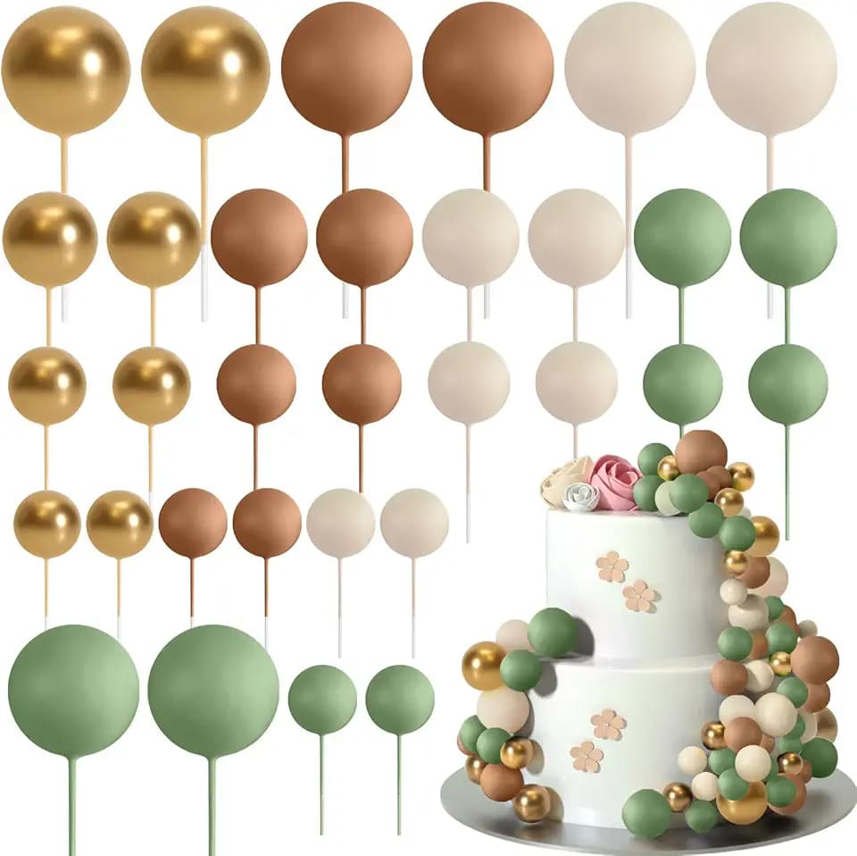ASTARON 32 Stück Tortendeko Kugeln Cake Topper, Mini-Ballons Tortenaufleger für Hochzeit Party Babyparty Geburtstag Torte Dekorieren (Grün, Braun, Gold)