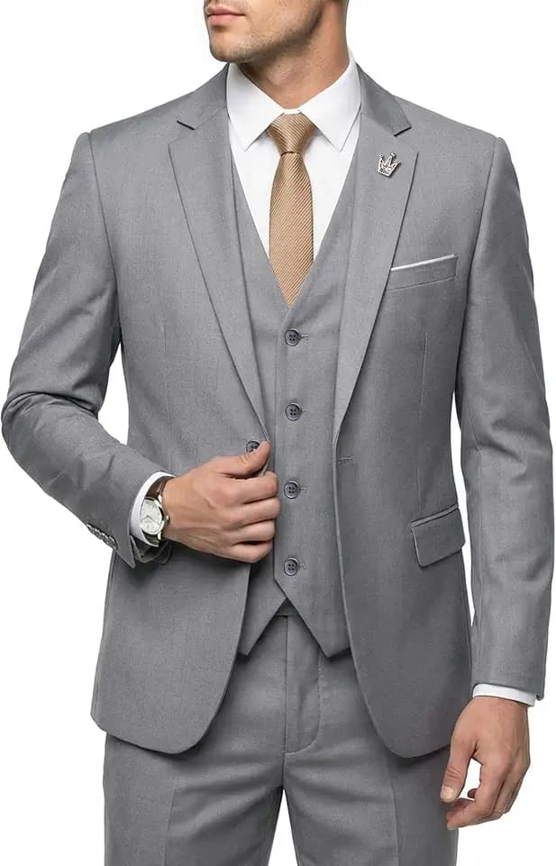 Hihawk Herren 3-teiliger Anzug mit Stretch-Stoff, solide schmale Passform, Ein-Knopf-Anzug, Blazer-Set, Jacke, Weste, Hose mit Krawatte