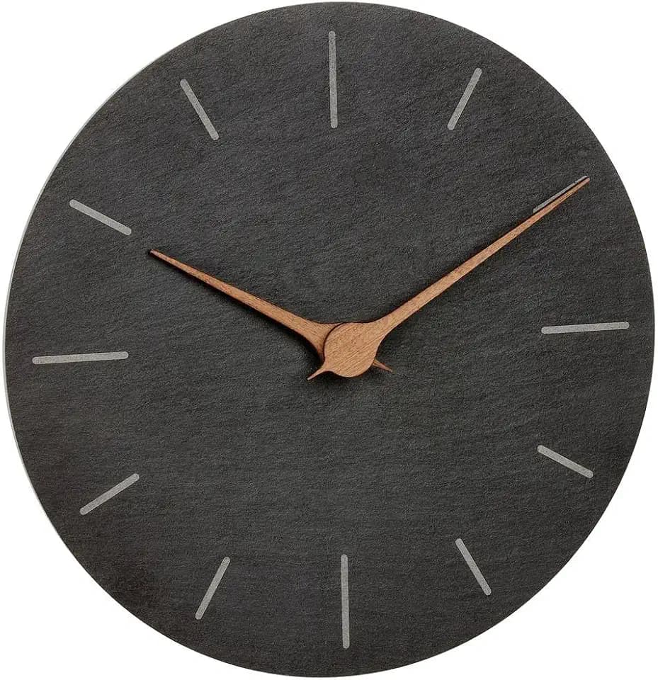 TFA Dostmann Moderne Wanduhr Schiefer, 60.3068.10, ohne Tickgeräusche, mit Walnuss Holz Zeigern, Quarzuhr, 25 cm, zum Hängen, schwarz