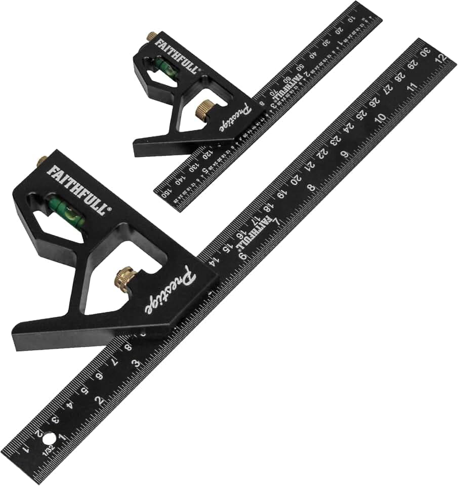 Faithfull Prestige Kombinationswinkel Doppelpack, Schwarz, Aluminium, 150 mm (6 Zoll) & 300 mm (12 Zoll) – Multifunktionales Mess- und Anreißwerkzeug mit Wasserwaage und Anreißnadel
