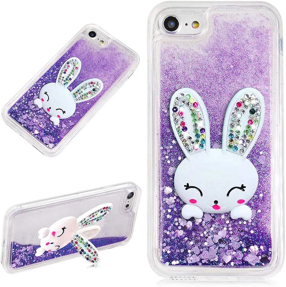 LCHDA für iPhone 6 Plus 6S Plus Glitzer Flüssig Hülle Lila Mit Hasen Ohren handyhüllen Flüssigkeit Wasserfall Farbverlauf Sternen Süß 3D Karikatur Hase Stand Transparent Silikon Bumper Schutzhülle