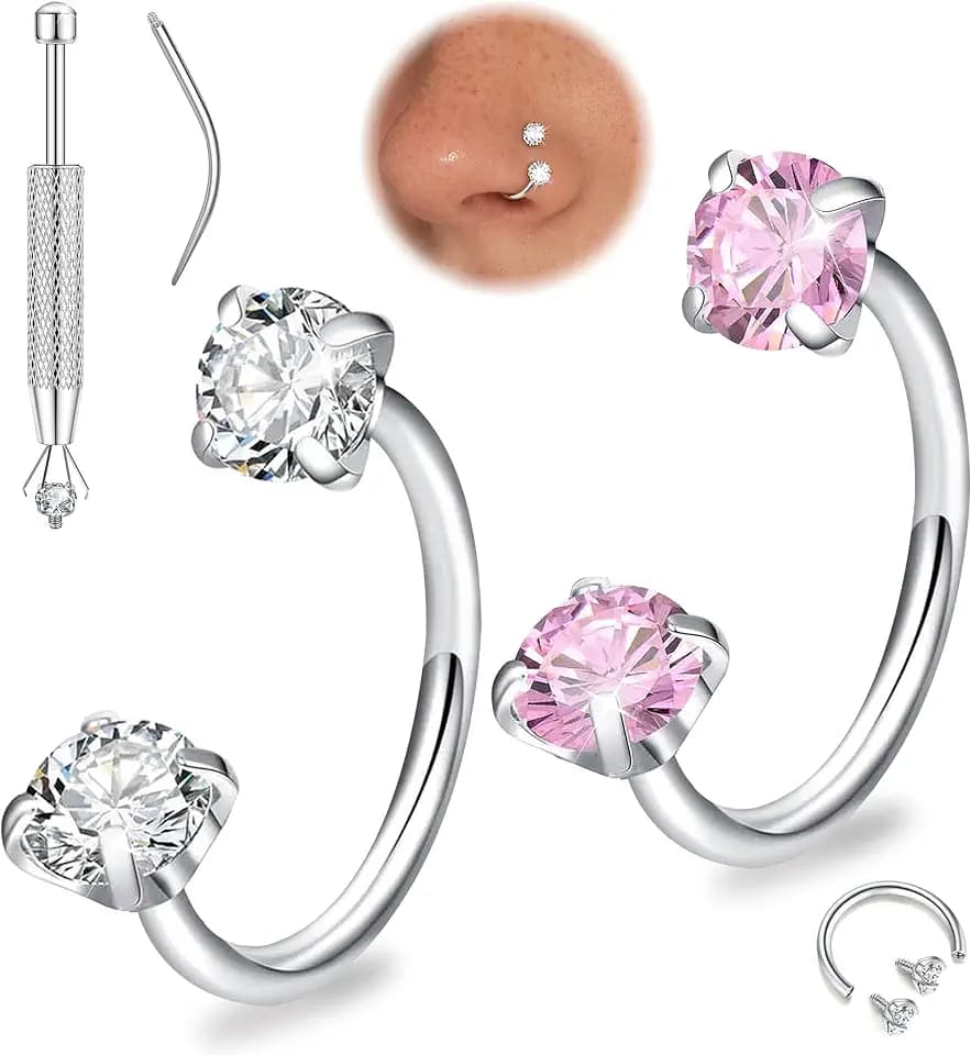 Maynor Horseshoe Nose Ring Set for Women, 2PCS CZ Septum Rings 18G/20G Surgical Steel Horseshoe Piercing Jewelry 6–8mm Nostril Cartilage Helix Tragus Lip Ring (Gold/Silver) with Tool