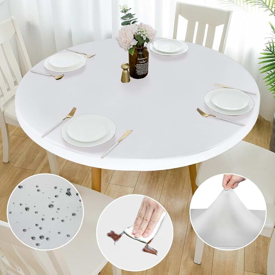 Double Fitted Design PU Runde Fitted Tischdecke, Anti-Tear Wischbare Elastische Runde, Soft-Touch wasserdichte ölfeste Tischdecke (Weiß, 145cm-152cm Rund)