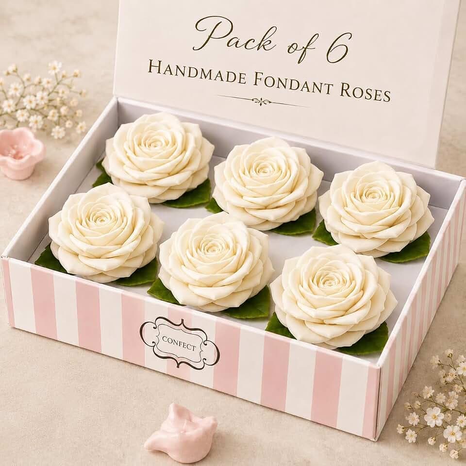 Confect Edible Big Flower | Edible ⁠Ivory Flower for Cake decorations | Edible Rose Toppers for Cupcake & Doughnut Edible Toppers | ⁠Ivory Sugar Roses- Pack of 6 | Gluten-Free, Nut-Free