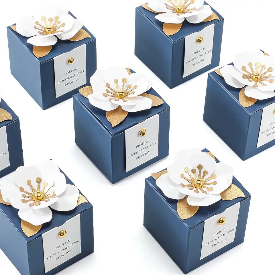 Affrolling 50 Pcs Wedding Favor Boxes, Square Flower Gift Box Party, Blue