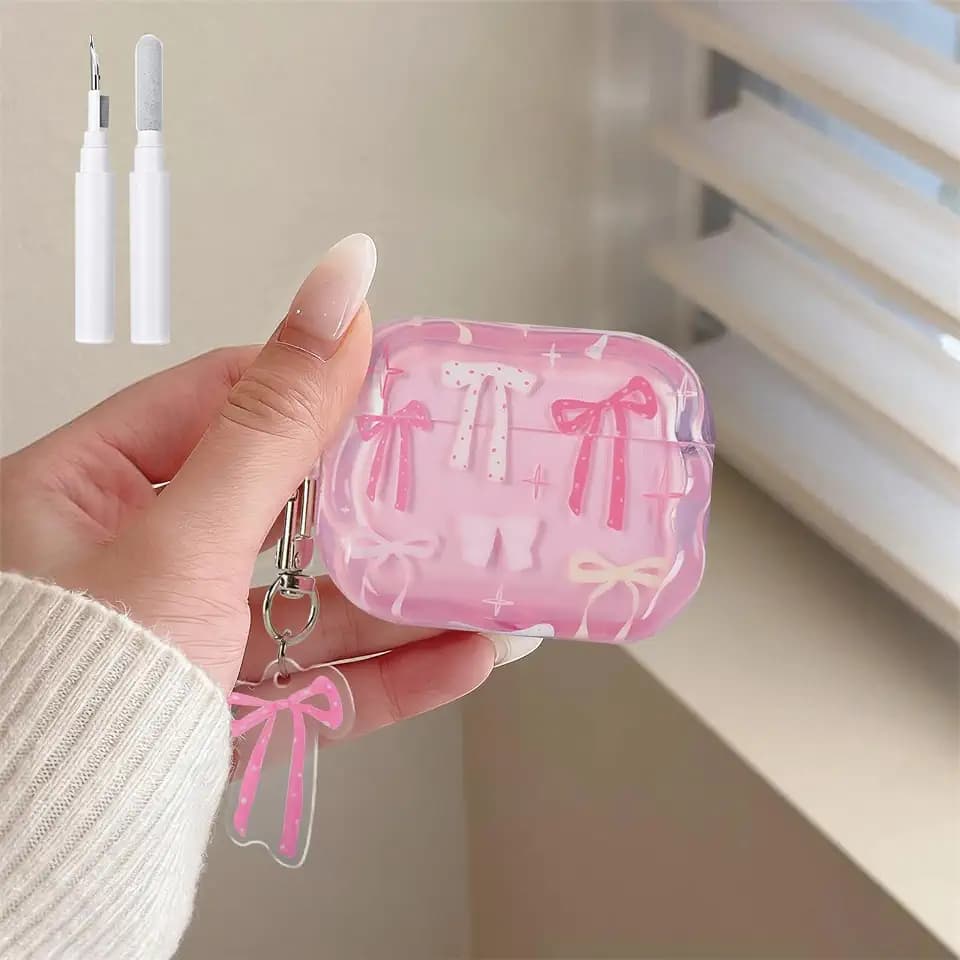 Compatible with AirPods Pro 2 Case Soft TPU with Cleaner Kit, Cute Colorful Bowknots Keychain Shockproof Cover for Airpods Pro/Pro 2 -Pink Bow