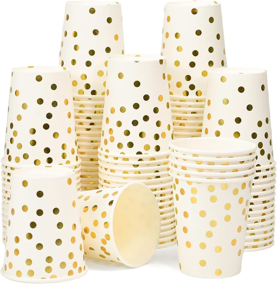 100 Stück Pappbecher Kaffeebecher Einweg Papierbecher 250ml/9 OZ Trinkbecher Becher Einweg mit Gold Dot Party Papierbechern Disposable paper cups für Weihnachten Hochzeit Heiß Kaltgetränke