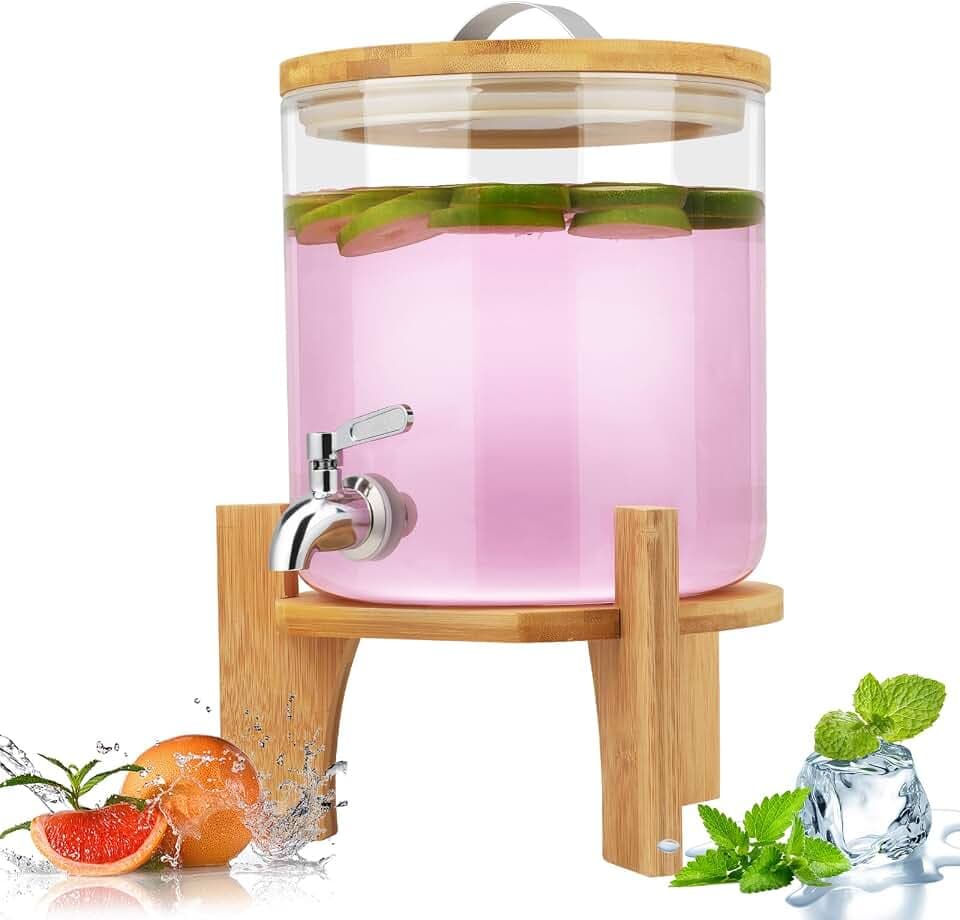 5 L Glas Getränkespender mit Zapfhahn & Bambusständer für Partys