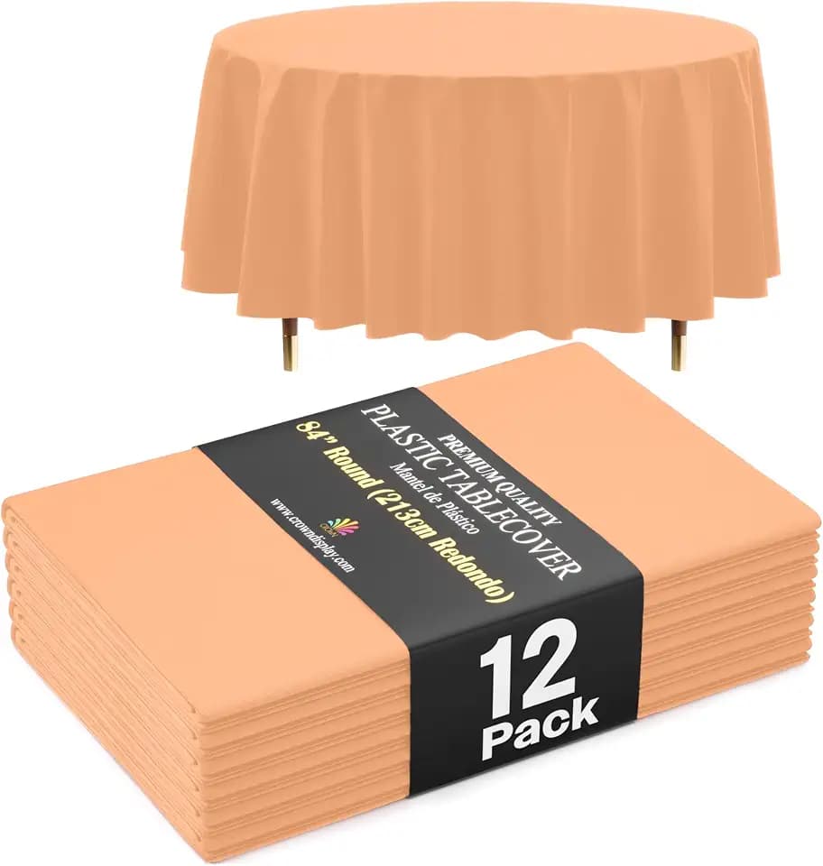 Exquisite 66% Thicker Premium Peach Round Tablecloth 0.5 Mil 12 Pack Plastic Table Cloth Disposable 84 Inch Round Plastic Tablecloth Won't Tear Easily Like Cheap Thin Brands