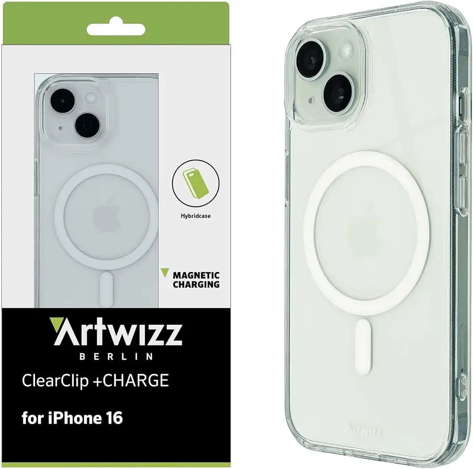 Artwizz ClearClip +Charge kompatibel mit iPhone 16 - Kratzresistente Hülle mit Verstärkten Ecken - Kompatibel mit MagSafe Qi, Transparent