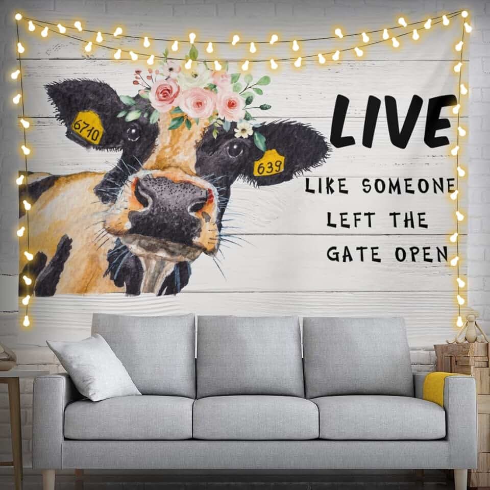 feelacle Farmhouse Cow Tapestry 60" X 40" Farm Animal Wall Hanging Party Decorations Home Decor For Bedroom Living Room Dorm (150 X 100cm)
