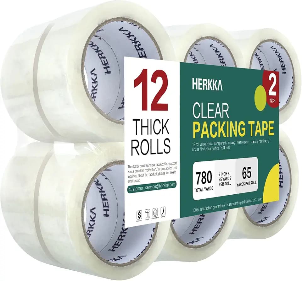 HERKKA Clear Packing Tape, 12 Rolls Heavy Duty Packaging Tape for Shipping Packaging Moving Sealing, Thicker Clear Packing Tape, 2 inches Wide, 65 Yards Per Roll, 780 Total Yards