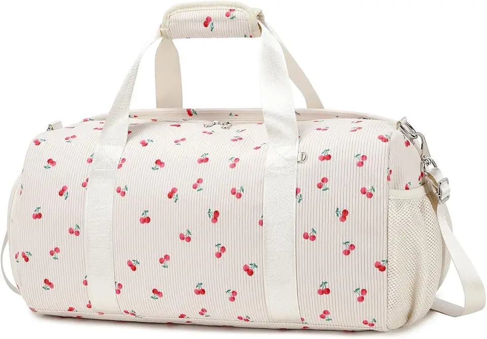 Ballet Dance Bag for Girls Corduroy Cherry Duffle Bag Sports Gym Bags for Girls Travel Duffel with Shoes Compartment and Wet Pocket