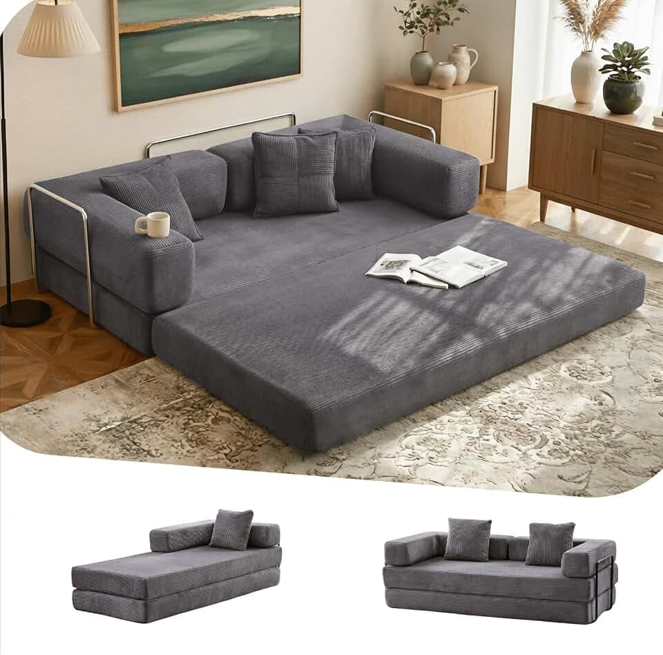 4-in-1 Folding Convertible Sofa Bed, 77" Floor Couch with Pillow - Corduroy Fabric & High-Density Sponge & Fixed-Shape Frame, Modular Sofa for Living Room/Lounge/Studio, Dark Grey