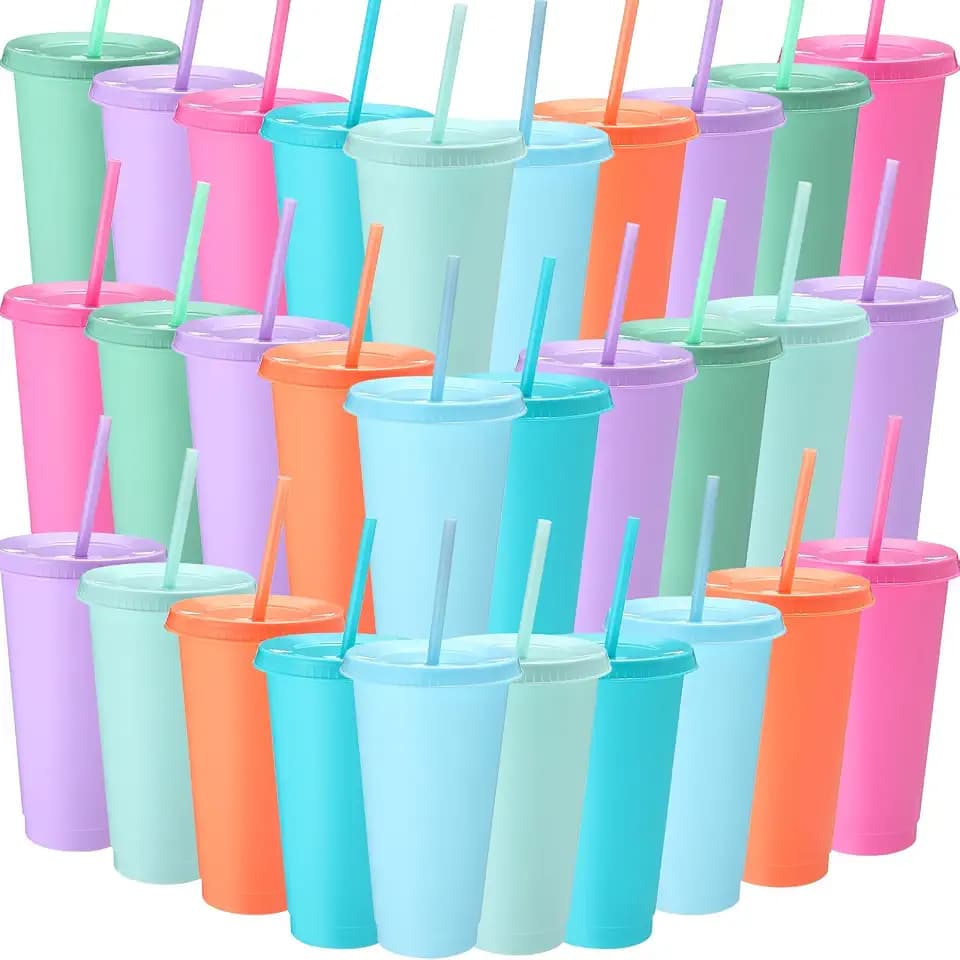 Honeydak 30 Pack Plastic Cups with Lids Straws,Macaron Color