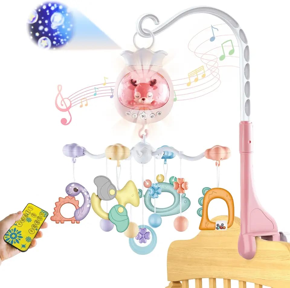 Mobile Baby mit Musik, Drehbares Mobile Babybett mit Spieluhr Baby, Projektion, Timing-Funktion und Rassel Spielzeug, Baby Mobile Halterung für Jungen Mädchen 0-12 Monate (Rosa)