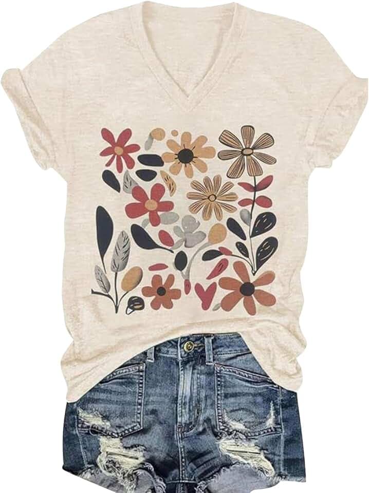 Womens Vintage Flowers V Neck Shirt Boho Floral Wildflowers Graphic Tee Casual Short Sleeve T Shirt