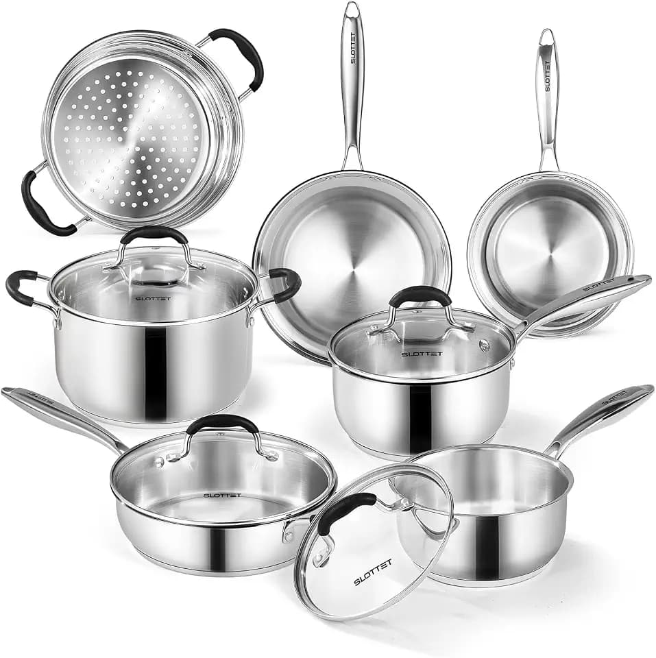 SLOTTET Stainless Steel Kitchen Cookware Set,11 Piece Pots and Pans Set with Steamer,Heat-resistant Handle,Non-Toxic,Induction,Oven,Dishwasher Safe