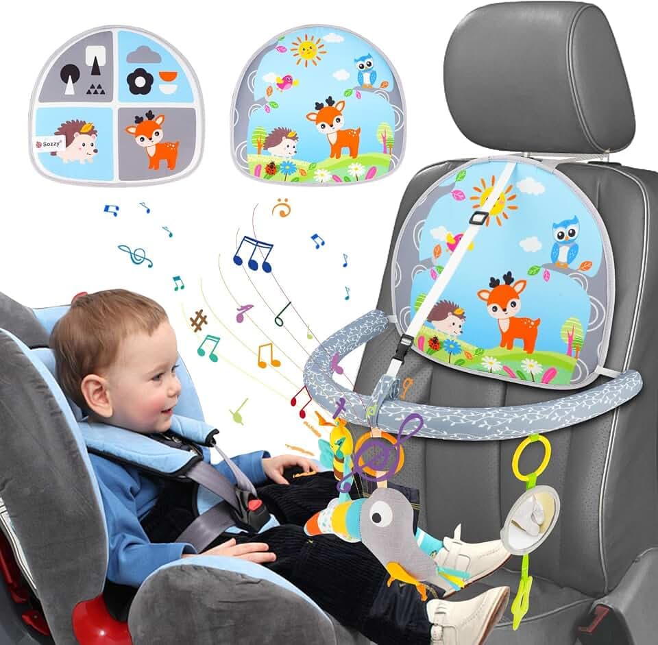 Spielzeug Für Autofahrt Baby, Activity-Spielzeug mit Spiegel Verstellbare doppelseitige Rücksitz-Autositz-Hängespielzeug für Baby mit Music Mirror Teethe Rattle Toys für Babys 0+ Monaten