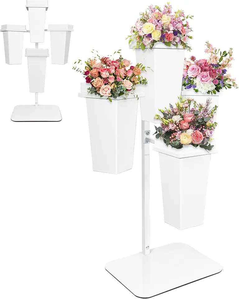 PROLEE Flower Display Stand with Buckets, Wedding Flower Cart Display Stand with Wheels,Flower Stand for Wedding Party, Events and Garden Decor (White)