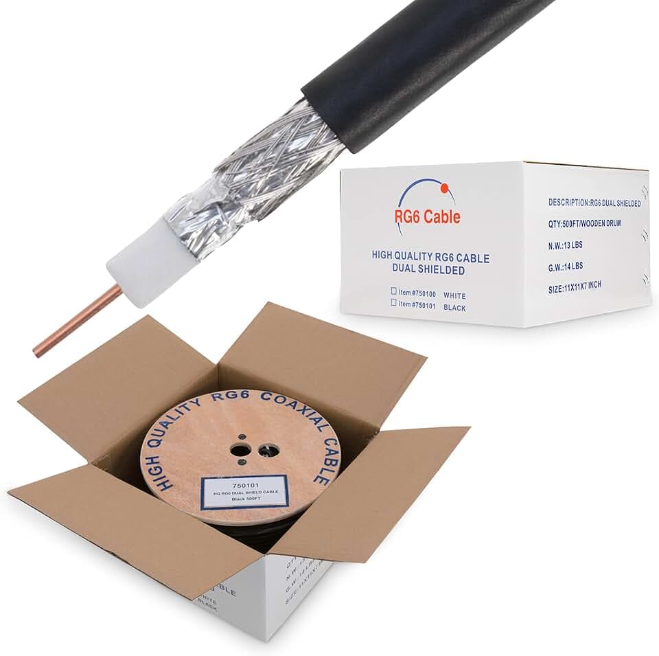 Cables Direct Online RG6 Coaxial Cable Dual Shield Bulk, 18 Gauge Copper Clad Steel (CCS) Conductor, Aluminum Braid, PVC Jacket, Reel Box, 500ft, Black