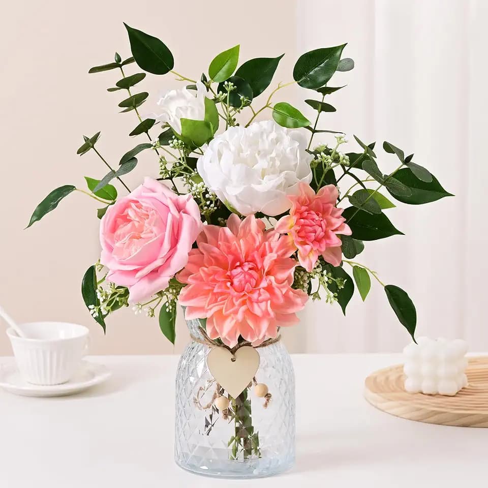 Livole Real Touch Fake Flowers with Vase & Light Silk Artificial Flowers