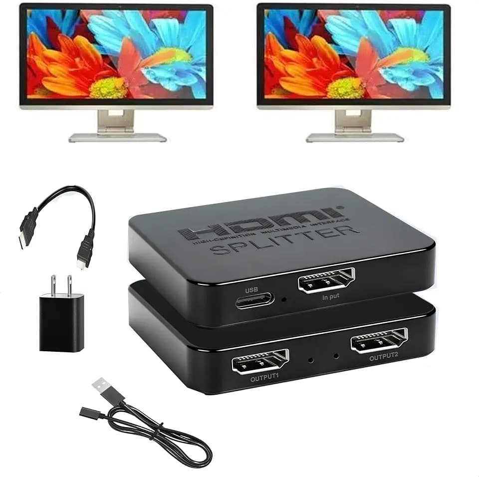 HDMI Splitter 1 in 2 Out【with 1HDMI Cable + 1USB Cable+1Power Adapter 】 1×2 Power HDMI Splitter/Distributor 2 Ports for Dual Monitors Copy/Mirror Support 4K@30Hz 1080P Full HD 3D LED HD TV PS3/4 etc