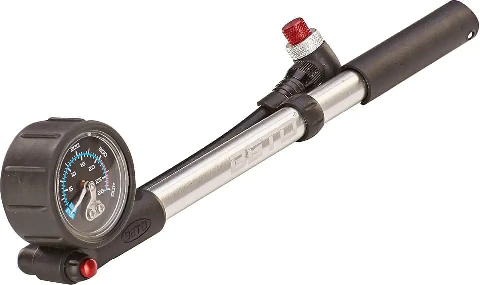 Prophete Dämpferpumpe für Dämpfer & Federgabel, bis 20 bar Pumpdruck, Drehschlauch, Entlüftungsknopf, T-Griff mit Manometer, Aluminium