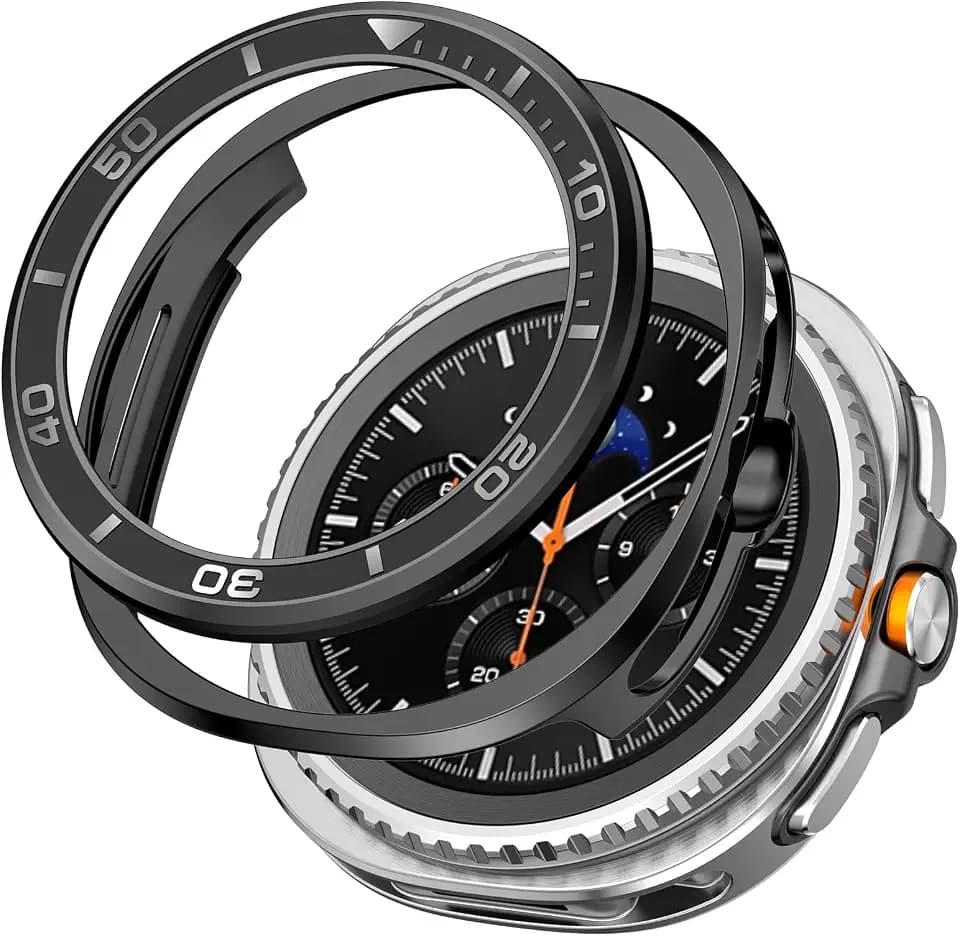 AMANECER Rugged PC Case & Metal Bezel Ring for Galaxy Watch 8 Classic 46MM, Stylish Anti-Scratch Protective Cover with Adhesive Rotating Steel Frame Loop for Samsung Smartwatch 2025 Release, Black