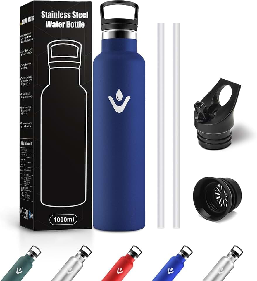 Trinkflasche Edelstahl 1L, Thermosflasche mit Strohhalm, BPA-Frei, Kohlensäure Geeignet, Wasserflasche für Sport, Laufen, Fahrrad, Sprudel