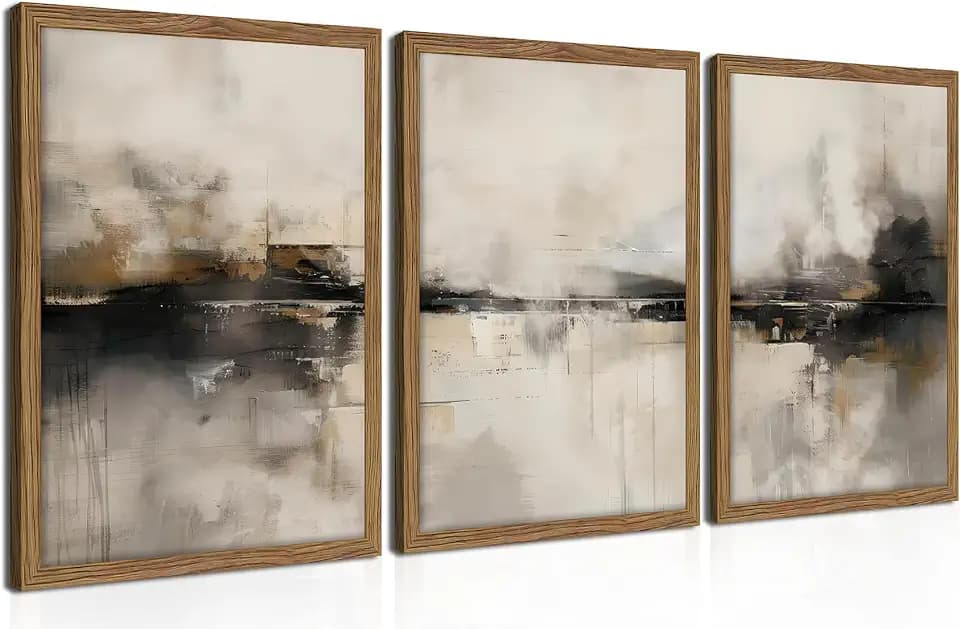 Framed Neutral Abstract Wall Art Set of 3, Modern Black and Brown Wall Decor Paintings, Minimalist Beige Textured Prints Pictures for Living Room Bedroom Office Home Decor 12x16 Inch