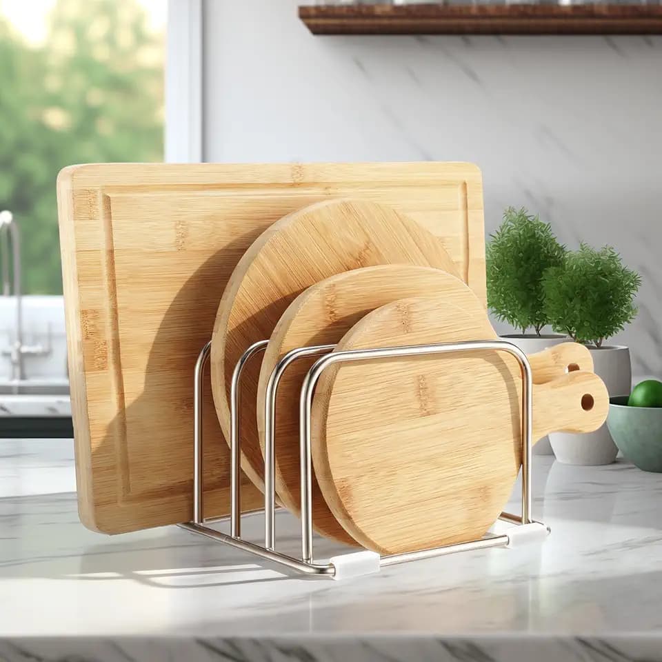 304 Stainless Steel Cutting Board Organizer Rack Cutting Board Holder Stand with Compact 4 Slots Cookie Sheets Organizer for Kitchen Countertop and Cabinet Storage, 1.0 & 1.2 Inch Wide Slots