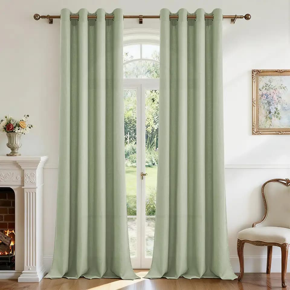 CUTEWIND Leinenvorhänge Gardinen mit Ösen Leinen Ösenvorhang 2er Set H 245 x B 140 cm Grün, Vorhang Leinenoptik Halbtransparent Landhaus Gardine für Wohnzimmer Schlafzimmer Fenster