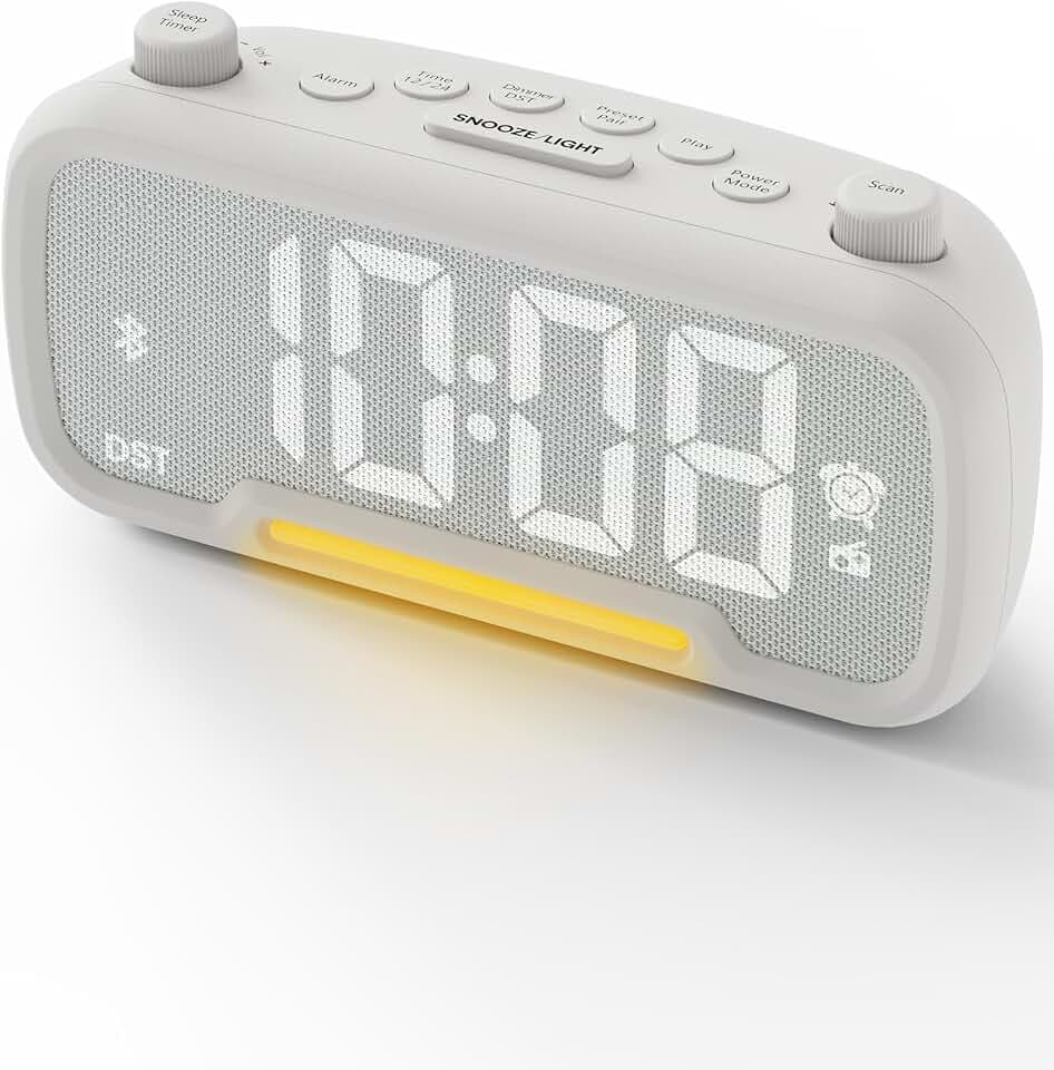 ROCAM Clock Radio, FM Radio Alarm Clock for Bedroom Modern Design, Auto Scan 20 Presets Auto-Off Sleep Timer, Bluetooth Speaker, Night Light, USB Ports, Brightness Dimmer