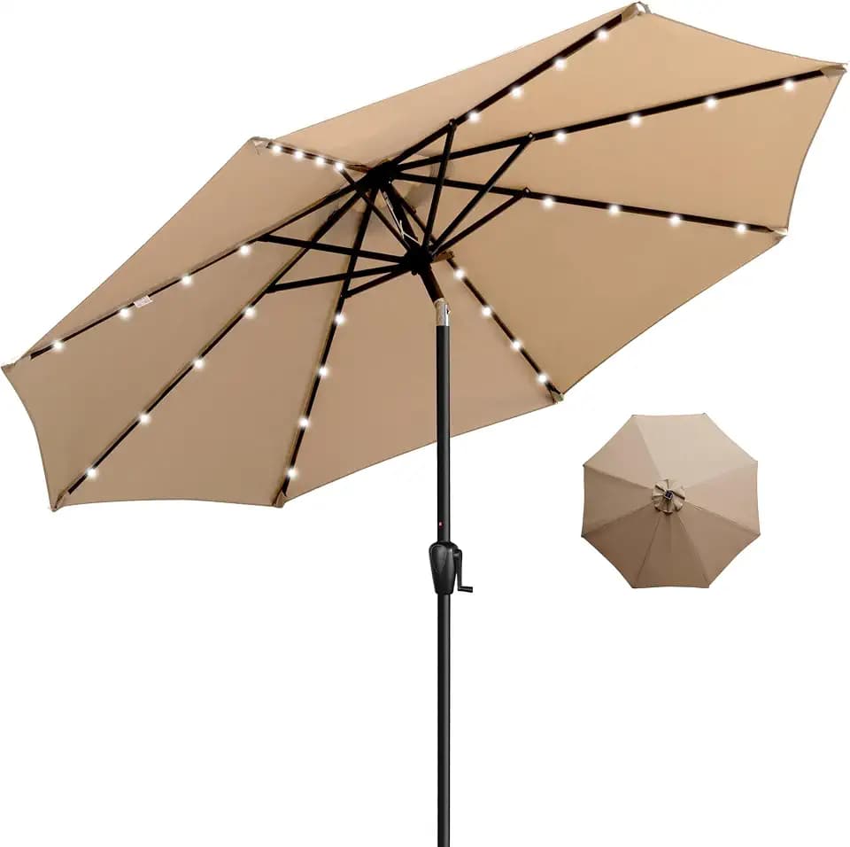 9' Round Patio Umbrella with 32 Solar Powered LED Lights, Push-Button Tilt and Hand Crank Lift, Solar Umbrella in Taupe for Porch, Deck, and Patio by Sun-Ray