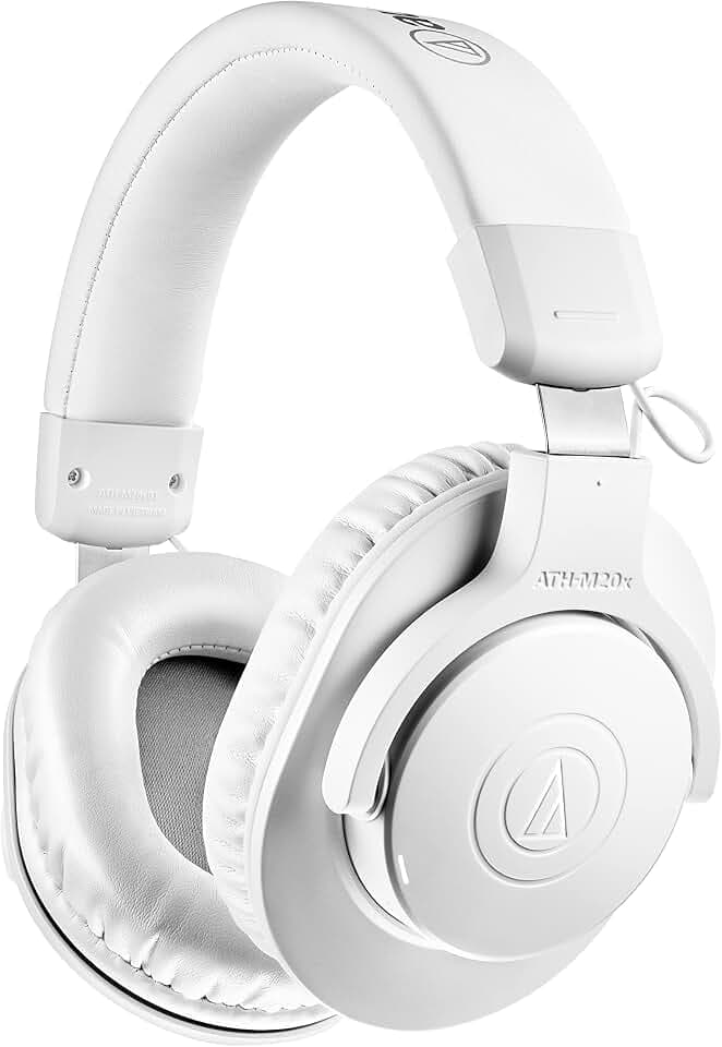 Audio-Technica ATH-M20xBTWH Wireless Over-Ear Headphones with Mic, 60 Hour Battery Life, Studio-Quality Sound, 40 mm Drivers for Enhanced Bass, Lightweight Design, Multipoint Pairing, White