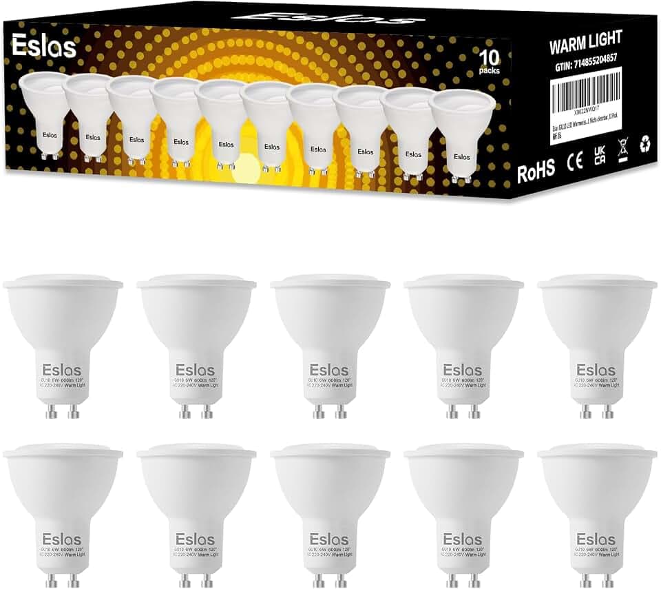 GU10 LED Warmweiss 3000K, 6W 600Lm, 120° Abstrahlwinkel, 10 Pack