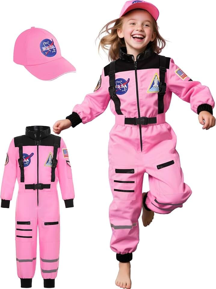 Astronaut Costume for Girls Space Outfit with Pink Hat for Space Pretend Halloween Party