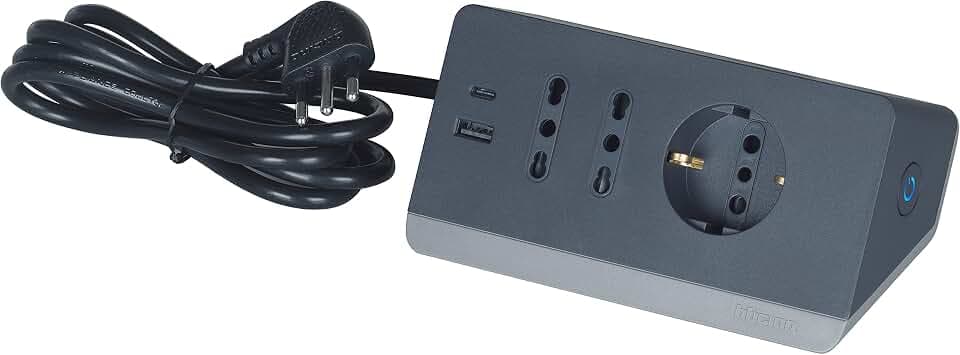 BTICINO Steckdosenleiste mit 5 Steckplätzen, 2 USB-Buchsen 3 A, 1 Schuko 10/16 A und 2 Bypass 10/16 A, Mehrfachsteckdose für den Schreibtisch mit Schalter und Kabel 2 m Stecker 16 A, robust und