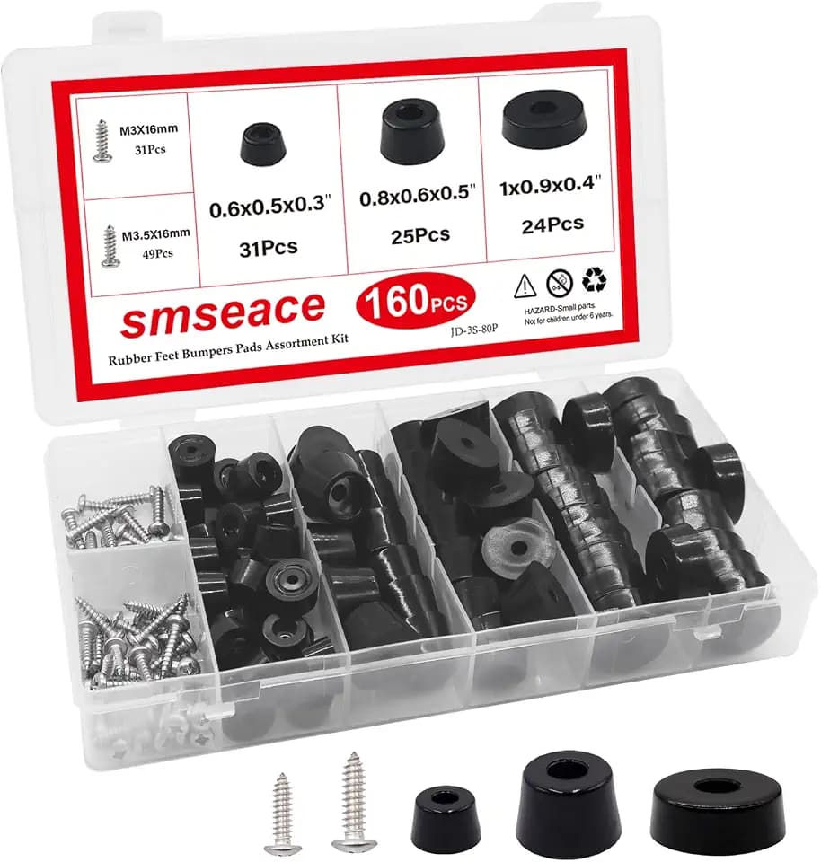 smseace 160PCS(3 Sizes) Black Rubber Feet for Cutting Board, Built-in Stainless Steel Washer and Screws, Soft, Non-Slip, Small Rubber Bumper Feet for Furniture Electronics, Tables, Sofas Etc