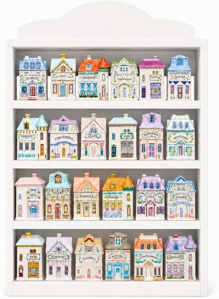 1989s Vintage Spice Village Wooden Rack - Village Spice House Wall-Mounted Display Shelf for 24 Jars | Charming Holiday Village Kitchen Decor for Collectors and Porcelain Enthusiasts (White, Inspired)