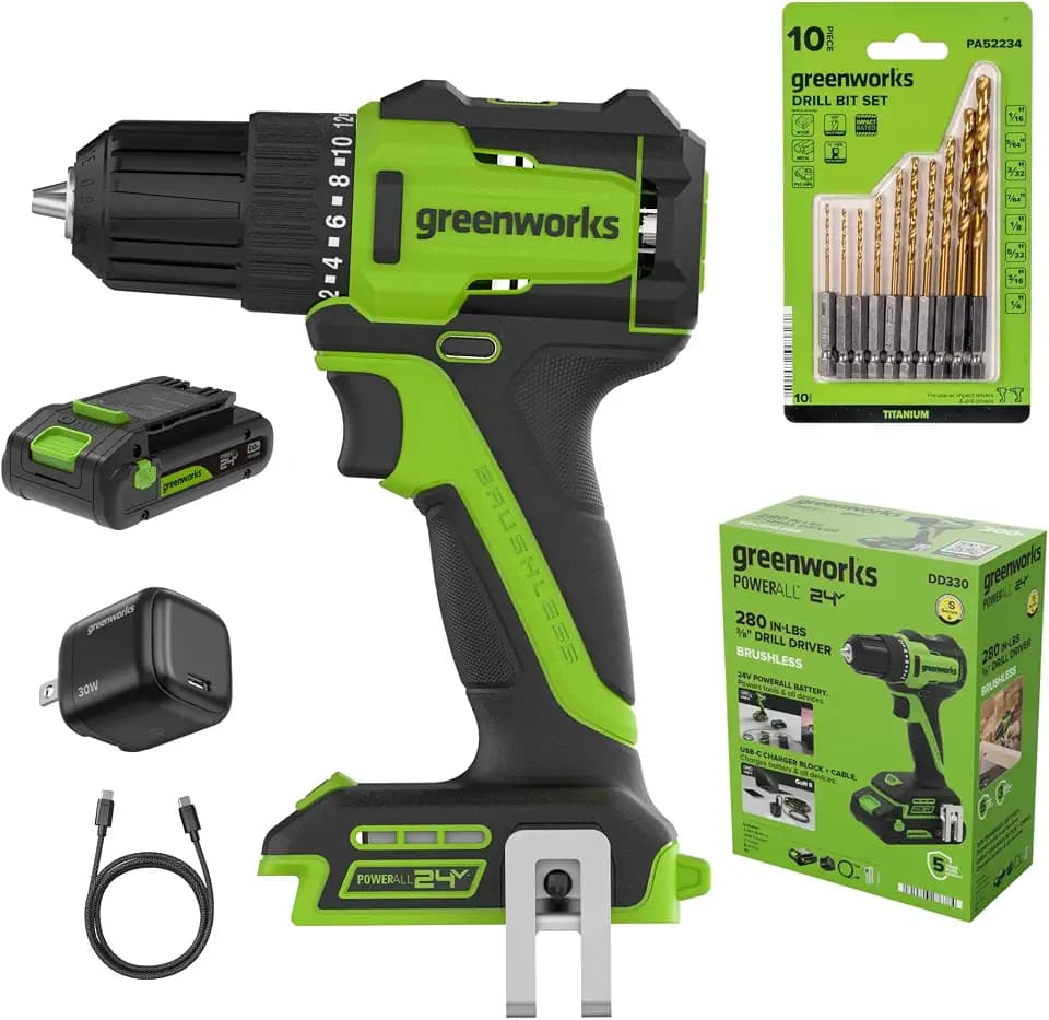 Greenworks PowerAll 24V Cordless Brushless 3/8" 280 in-lbs Drill/Driver, Lightweight,19+1 Clutch, 2.0Ah USB-C Battery (12,000mAh Power Bank),30W USB-C Charger and Cable,10PC Titanium Drill Bit Set