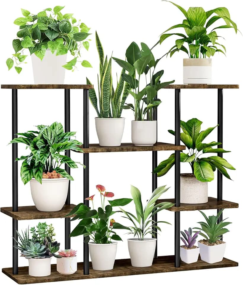 Hölzern Blumenregal Pflanzenregal, Mehrstöckig Blumenständer Pflanzenständer Blumentreppe Pflanzentreppe Standregal für Innen Garten Balkon Deko (4 Tier 10Töpfe, Schwarz), (US-YO20230722-011)