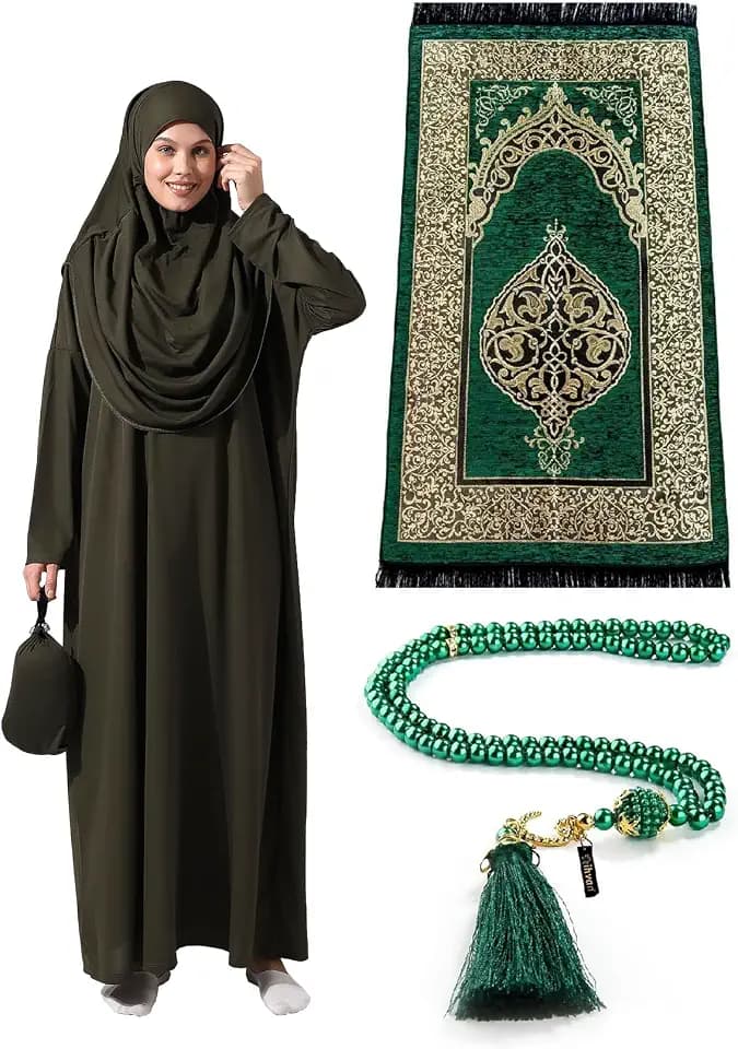 ihvan online Muslimische Kleider für Frauen, Einteiliges Langärmliges Islamisches Gebetskleid mit Gebetsteppich und Perlen, Gebetskleidung für Frauen,Islamisches Geschenkset für Eid und Ramadan