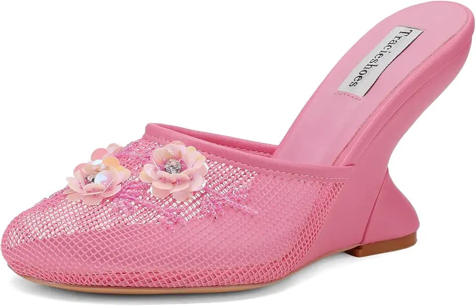 Women's Mesh Mule Slip On Sandals With Floral Sequin Embellishments Round Toe Wedge Heel Slides Slippers 4 Inch