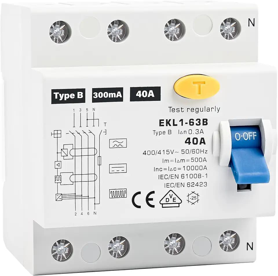 Warmfay® FI Schutzschalter Typ B 40A 300mA 4 Polig, VDE Zertifizierung Fehlerstromschutzschalter RCD Allstromsensitiver Schalter Automat Sicherun für Wallboxen Ladestationen, DIN Hutschiene Montage